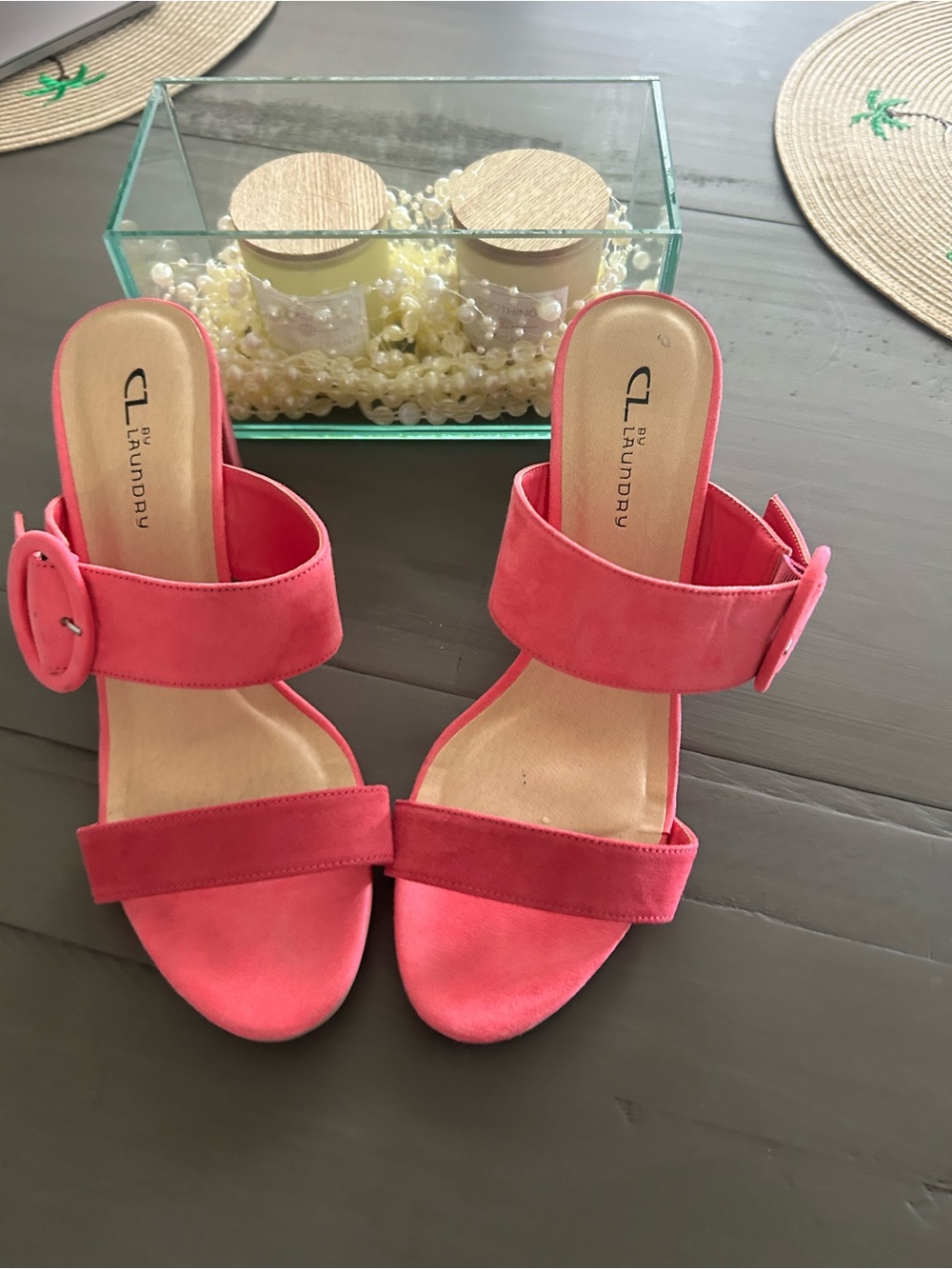 CL by Laundry Coral-Pink Suede Open-Toe Heels with Buckle Strap